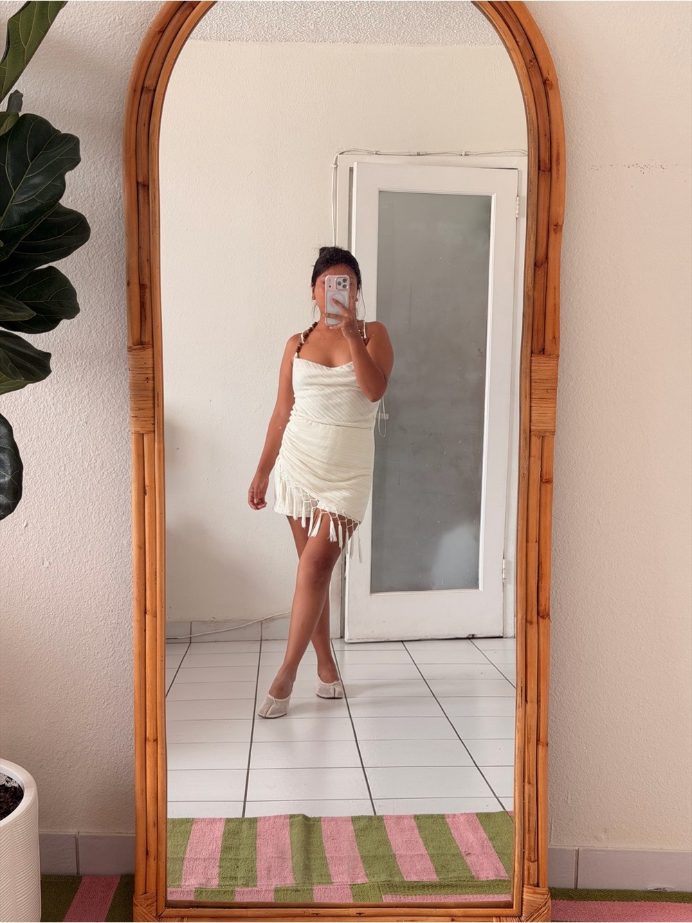 Fashion Nova Cream Fringe Ruched Mini Dress